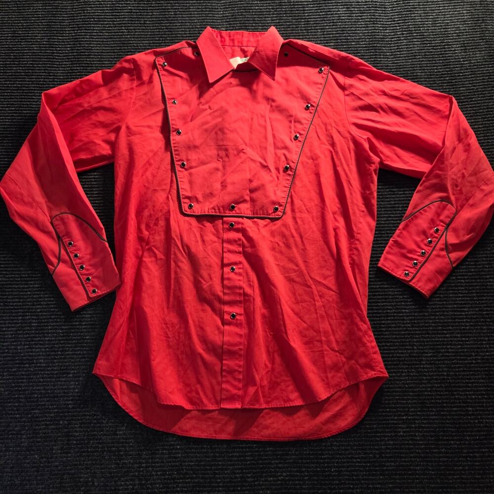 VTG Mesquite Western Shirt Men's L XL Red Pearl Snap Full Bib Front 80s USA